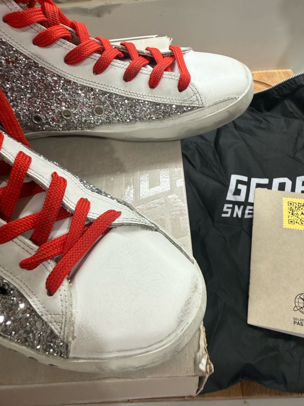 Golden Goose Multi-Texture High-Top Sneakers with Red Laces - Picture 4 of 13